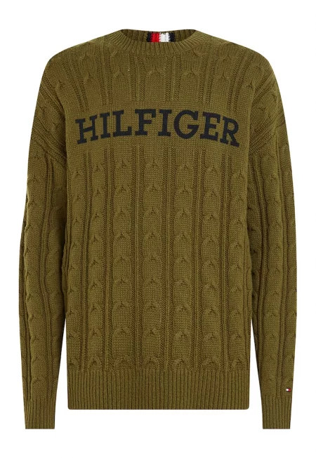 Пуловер с вълна с лого - Маслинено зелено