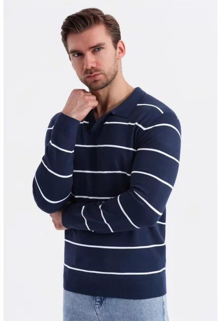 Раирана блуза с яка - Бял/Тъмносин