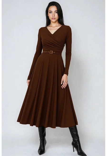 Разкроена миди рокля с колан - Тъмнокафяв