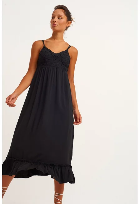 Разкроена миди рокля с шпиц и дипли - Черен