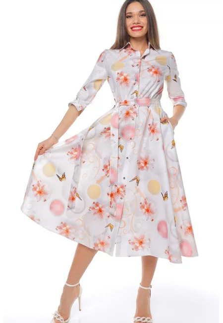 Разкроена рокля-риза с колан - Бял/Розово