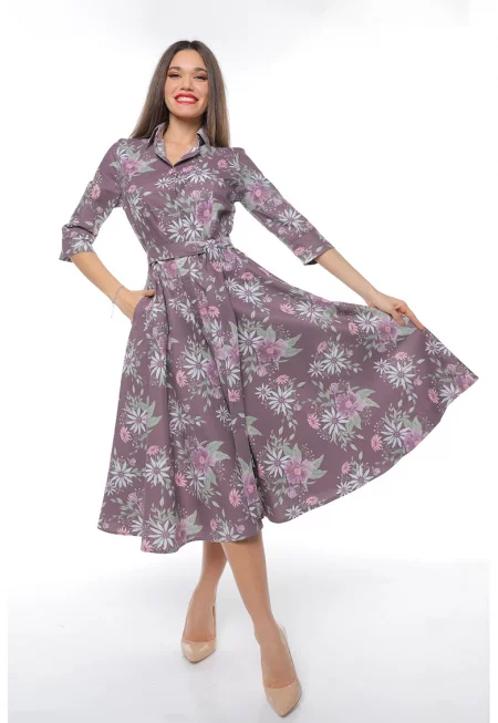 Разкроена рокля-риза с колан - Зелен/Виолетов