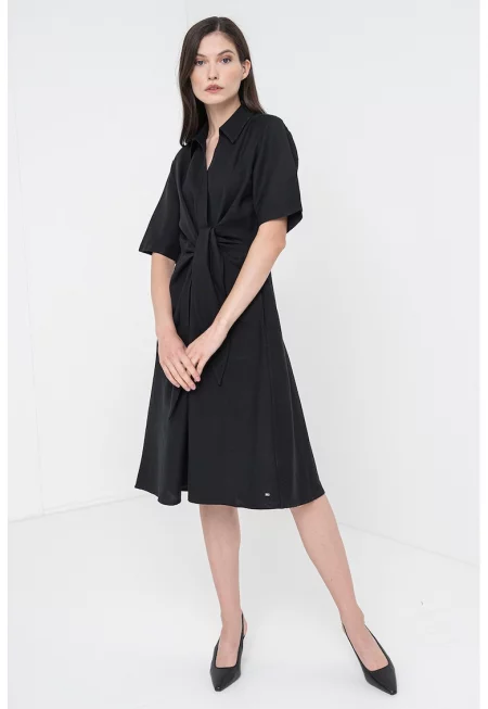 Разкроена рокля-риза с лен - Черен