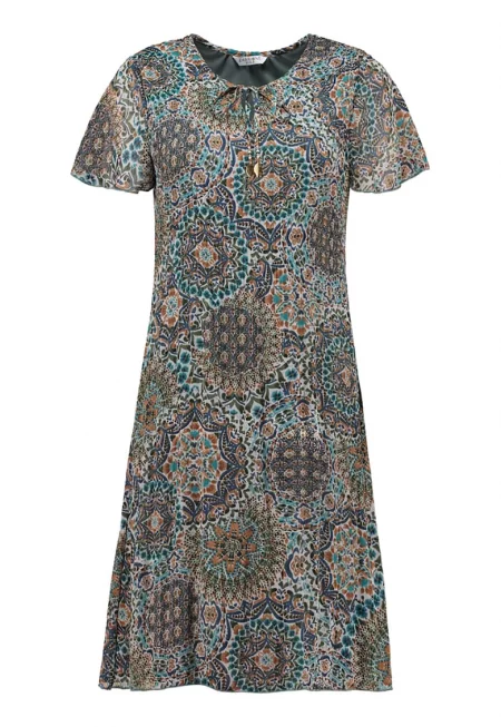 Разкроена рокля с принт - Изгорен портокал/Петролно синьо/Папратово зелено