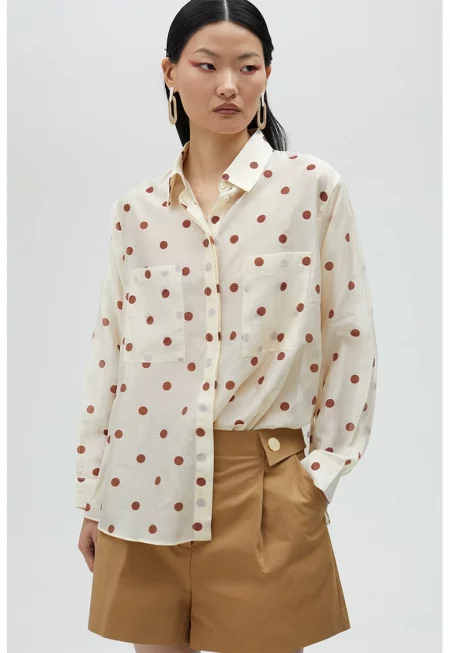 Риза с тенсел и джобове - Канелено кафяво/Крем