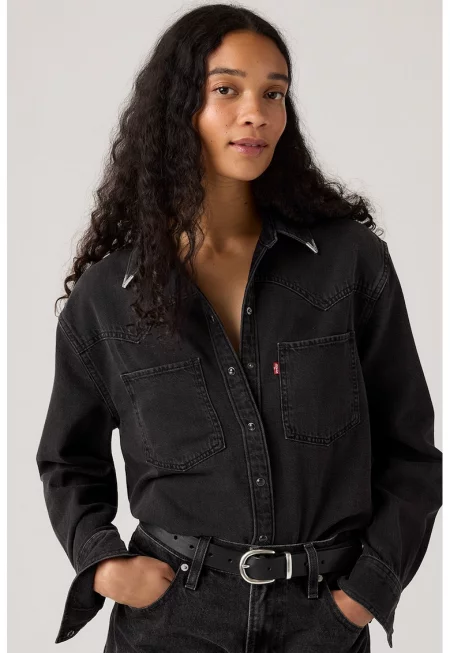 Риза Teodora от деним с пришити джобове - Избеляло черно