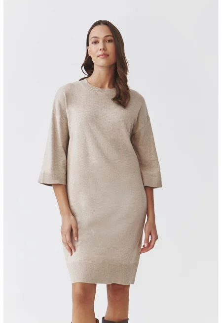 Рокля-пуловер с рипсени маншети - Бежов
