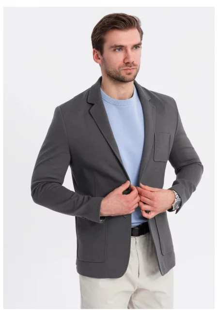 Сако SLIM от плетена материя с фина текстура  OM-BLZB-0101 - Тъмно сиво - Tъмносив