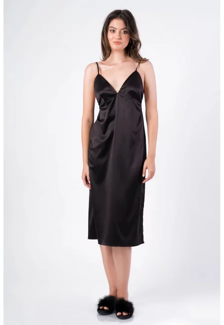 Сатинирана флорална нощница с шпиц - Черен