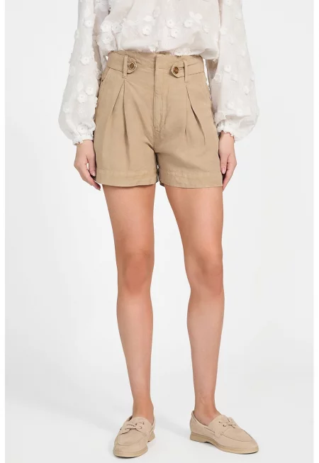 Шорти с лен и лиосел с висока талия - Бежов