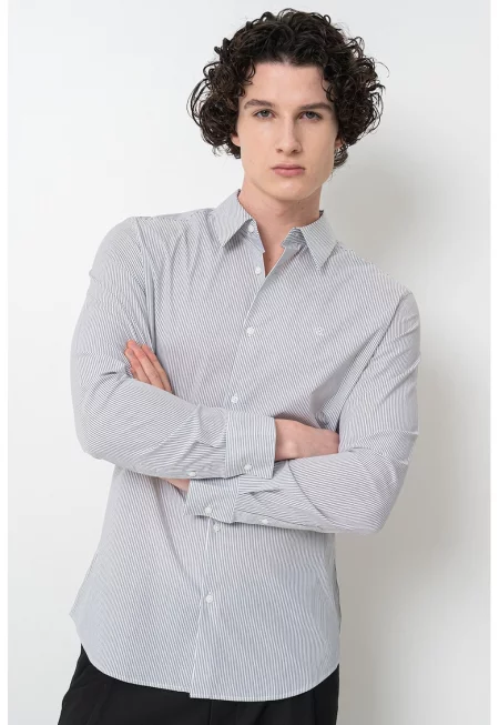 Слим риза с райе и лого - Черен/Мръснобял