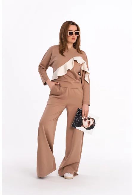 Спортен панталон с широк крачол и висока талия - Карамел