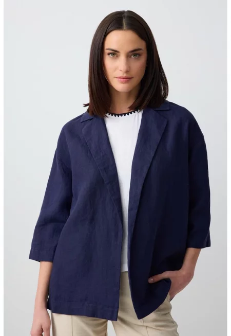Свободно ленено яке с 3/4 ръкави - Тъмносин