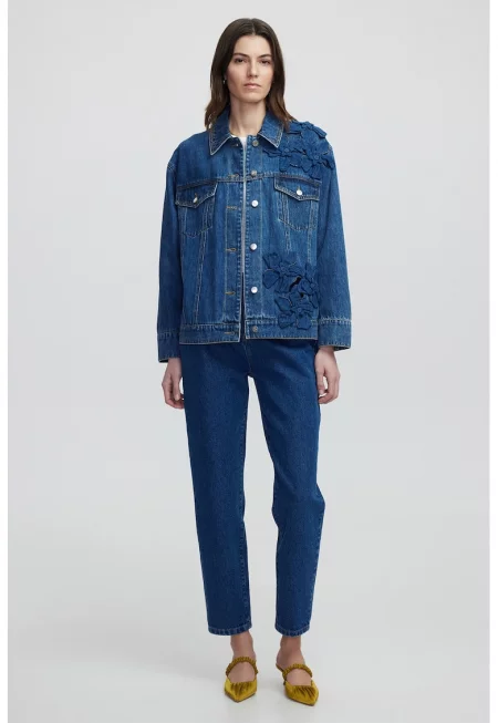 Свободно яке от деним с флорални апликации