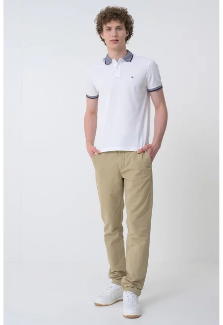 Тениска с лен с яка - Бял/Тъмносин