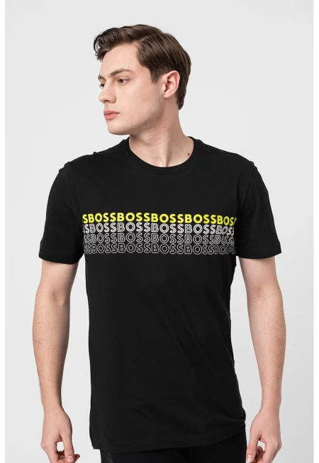 Тениска с овално деколте и лого - Черен