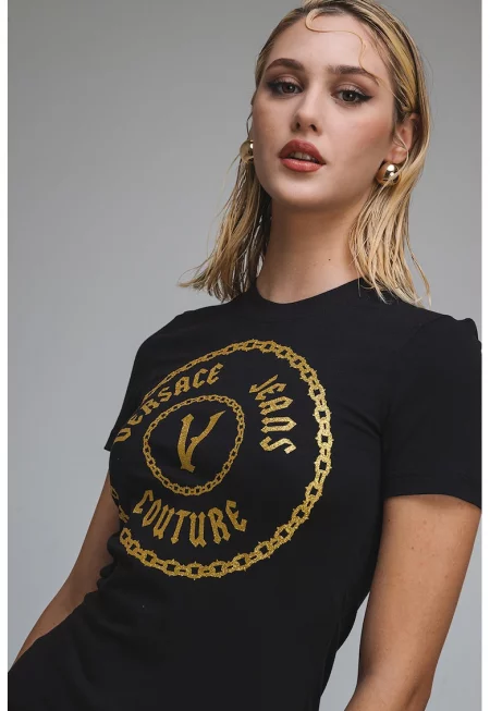 Тениска с памук и лого - Златист/Черен
