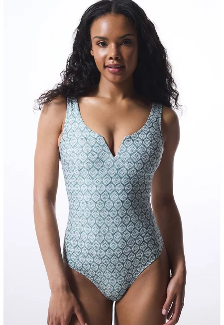 Цял бански с принт - Бял/Петролно синьо