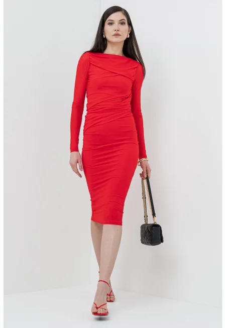 Вталена рокля с деколте тип лодка - Червен