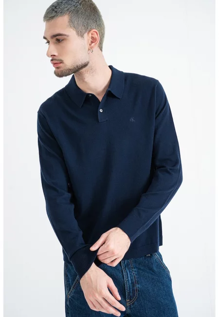 Блуза с яка и лого - Тъмносин