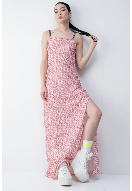 Дълга рокля с монограми - Светлолилав/Корал