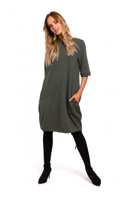 Дамска рокля - С ръкав - Памук - Еластан - Military green