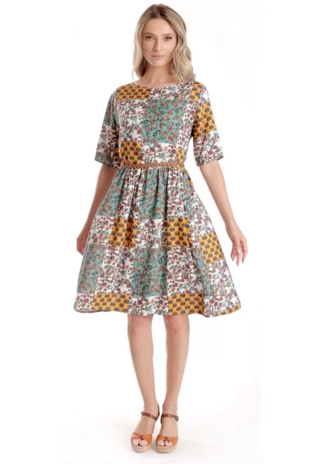 Дамска рокля със средна дължина V275 - Комбиниран принт в кремаво - горчица и зелено