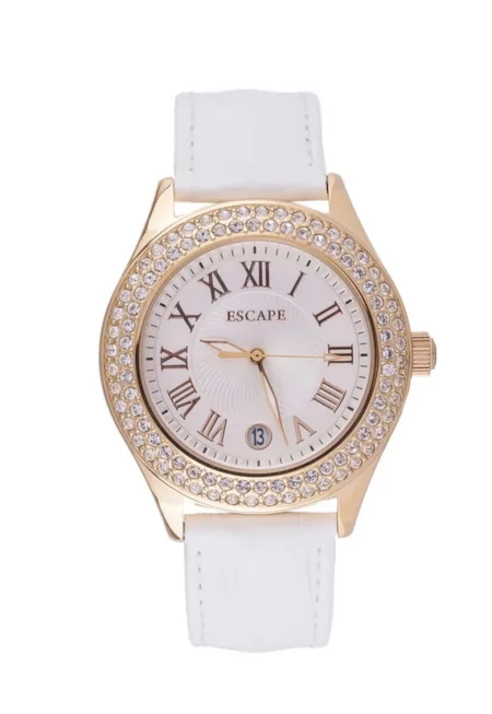 Дамски часовник  бяла каишка от екологична кожа - златна стоманена кутия - 40 мм - водоустойчивост 5 ATM