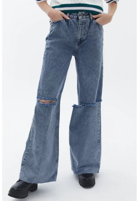Дънки с широк крачол и отвори - Син