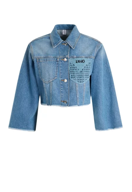 Дънково късо яке с плетена дантела - Тъмносин