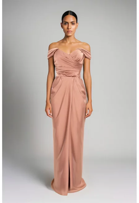 Драпирана рокля с голо рамо - Бежов