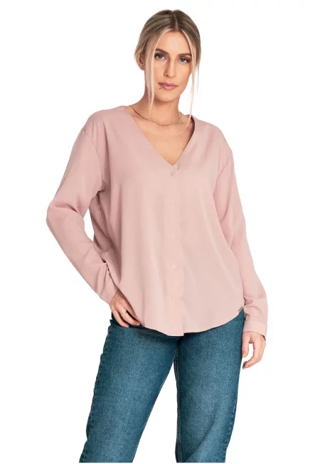 Елегантна лятна блуза  с V-образно деколте - розова - полиестер и еластан
