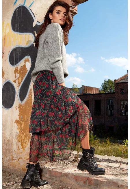 Ежедневна флорална миди пола A331 - Черен