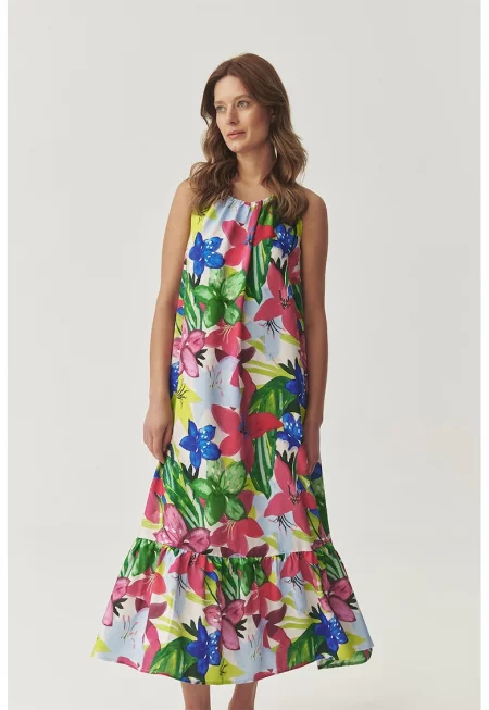 Флорална рокля без ръкави с леко плисе - Зелен/Фуксия/Кралско Синьо