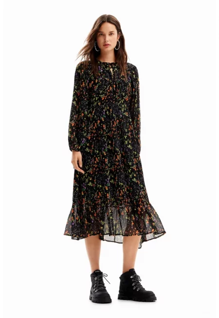 Флорална рокля - Черен/Мандарина/Индигово синьо