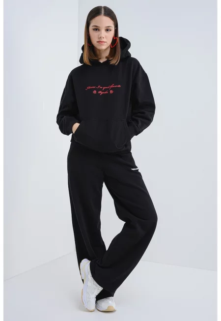 Худи с принт и паднали ръкави - Червен/Черен