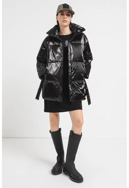 Капитонирано зимно яке-пухенка с връзка - Черен