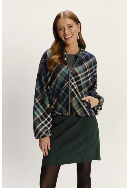 Карирано яке с паднали ръкави - Черен/Аква зелено/Светло бежово