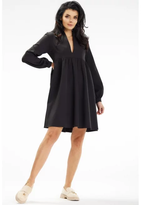 Къса рокля с дълъг ръкав - разкроена - с V-образно деколте A636