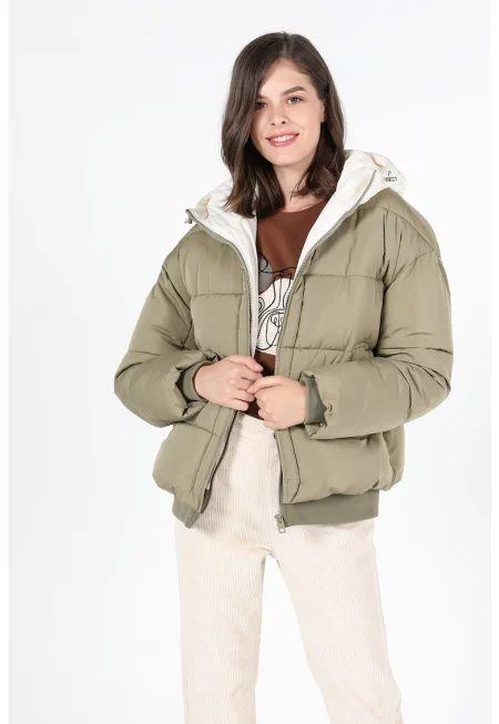 Късо дамско яке -  Regular Fit - фиксирана качулка - Light Khaki