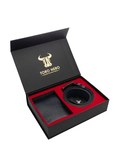 Комплект портфейл и колан - мъжки - от естествена кожа - син - Sensation