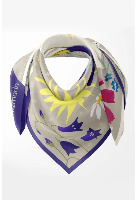 Копринен шал с принт - Бежов/Индигово синьо