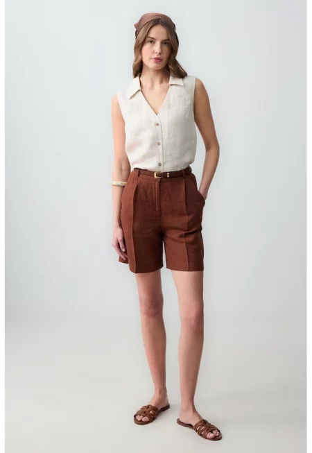 Ленен къс панталон с висока талия - Тъмнокафяв