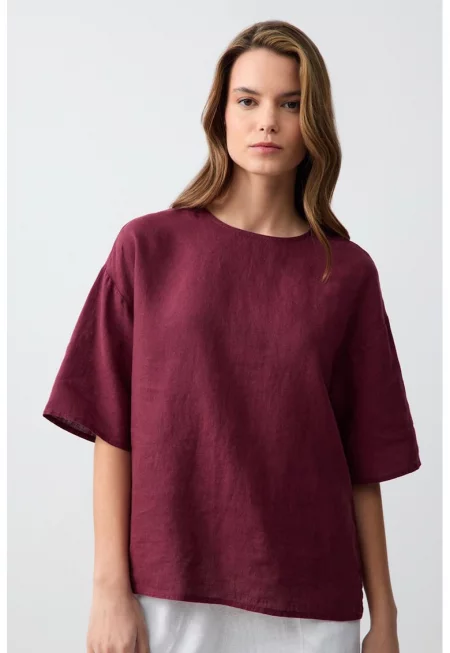Ленена тениска със свободни ръкави - Бордо
