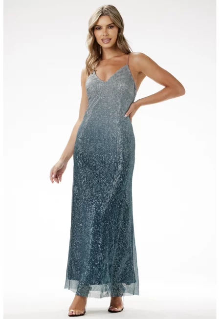 Макси рокля -  пайети - зелено стъкло - полиестер