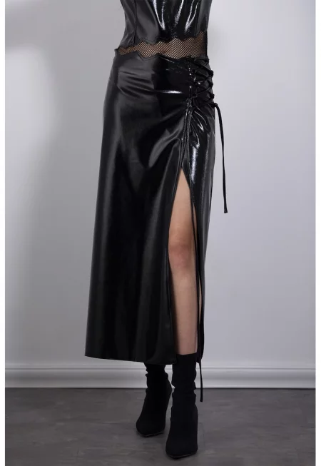 Миди пола от еко кожа със застъпване - Черен