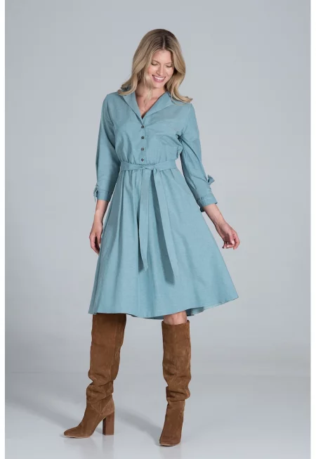 Миди рокля  с колан - зелена - 100% памук