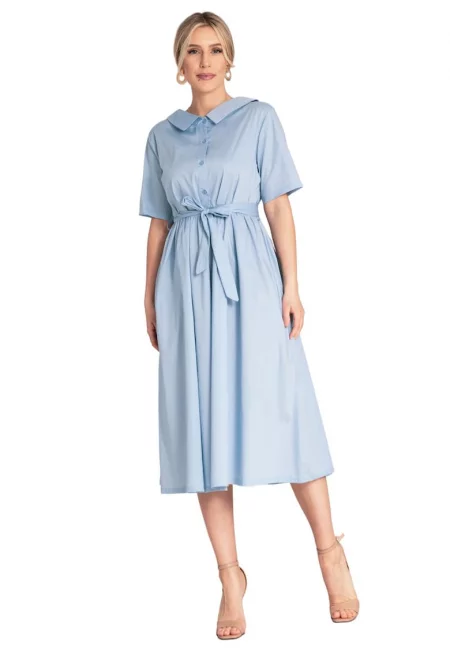 Миди рокля -  синя - памук - семпла кройка - закопчаване с копчета - SM