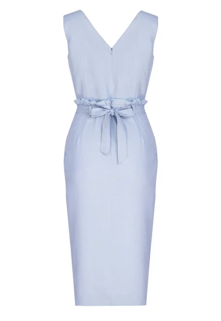 Миди рокля  синя - с колан - V-образно деколте - полиестер -