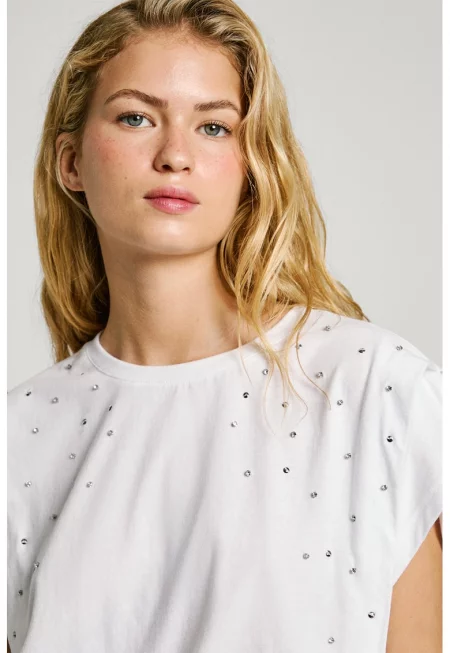 Памучна тениска с декоративни камъни - Бял/Сребрист